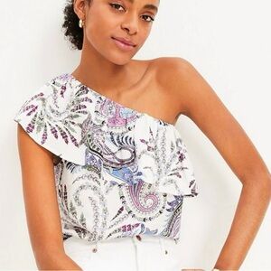 LOFT One-Shoulder Blouse with Paisley in Purple and Blue